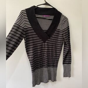 Black and White Striped V-Neck Sweater